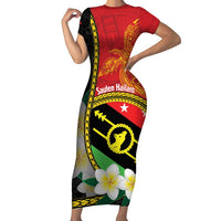 Personalised PNG Sauten Hailans Family Matching Short Sleeve Bodycon Dress and Hawaiian Shirt Papua New Guinea Plumeria Melanesian Pattern LT14 Mom's Dress Red - Polynesian Pride