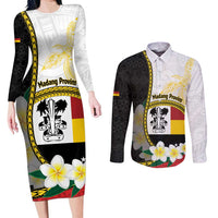 Personalised PNG Madang Provins Couples Matching Long Sleeve Bodycon Dress and Long Sleeve Button Shirt Papua New Guinea Plumeria Melanesian Pattern LT14 White - Polynesian Pride