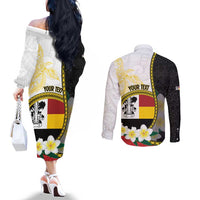 Personalised PNG Madang Provins Couples Matching Off The Shoulder Long Sleeve Dress and Long Sleeve Button Shirt Papua New Guinea Plumeria Melanesian Pattern LT14 - Polynesian Pride