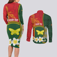 Personalised PNG Oro Provins Couples Matching Long Sleeve Bodycon Dress and Long Sleeve Button Shirt Papua New Guinea Plumeria Melanesian Pattern LT14 - Polynesian Pride