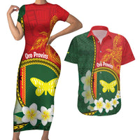 Personalised PNG Oro Provins Couples Matching Short Sleeve Bodycon Dress and Hawaiian Shirt Papua New Guinea Plumeria Melanesian Pattern LT14 Green - Polynesian Pride