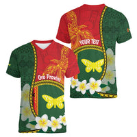 Personalised PNG Oro Provins Women V-Neck T-Shirt Papua New Guinea Plumeria Melanesian Pattern LT14 - Polynesian Pride
