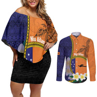 Personalised PNG Niu Ailan Couples Matching Off Shoulder Short Dress and Long Sleeve Button Shirt Papua New Guinea Plumeria Melanesian Pattern LT14 Orange - Polynesian Pride