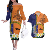 Personalised PNG Niu Ailan Couples Matching Off The Shoulder Long Sleeve Dress and Hawaiian Shirt Papua New Guinea Plumeria Melanesian Pattern LT14 Orange - Polynesian Pride