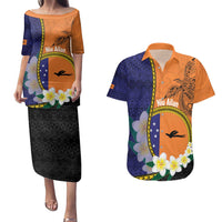 Personalised PNG Niu Ailan Couples Matching Puletasi and Hawaiian Shirt Papua New Guinea Plumeria Melanesian Pattern LT14 Orange - Polynesian Pride