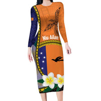 Personalised PNG Niu Ailan Long Sleeve Bodycon Dress Papua New Guinea Plumeria Melanesian Pattern LT14 Long Dress Orange - Polynesian Pride