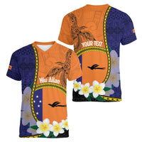Personalised PNG Niu Ailan Women V-Neck T-Shirt Papua New Guinea Plumeria Melanesian Pattern LT14 - Polynesian Pride