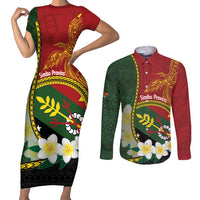 Personalised PNG Simbu Provins Couples Matching Short Sleeve Bodycon Dress and Long Sleeve Button Shirt Papua New Guinea Plumeria Melanesian Pattern LT14 Green - Polynesian Pride