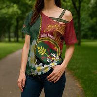 Personalised PNG Simbu Provins Cross Shoulder Shirt Papua New Guinea Plumeria Melanesian Pattern - Polynesian Pride
