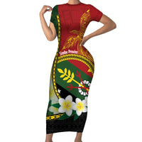 Personalised PNG Simbu Provins Family Matching Short Sleeve Bodycon Dress and Hawaiian Shirt Papua New Guinea Plumeria Melanesian Pattern LT14 Mom's Dress Green - Polynesian Pride