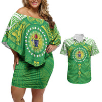 Cook Islands Manta Ray Couples Matching Off Shoulder Short Dress and Hawaiian Shirt Kuki Airani Tattoo Green Color LT14 Green - Polynesian Pride