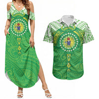 Cook Islands Manta Ray Couples Matching Summer Maxi Dress and Hawaiian Shirt Kuki Airani Tattoo Green Color LT14 Green - Polynesian Pride