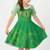 Cook Islands Manta Ray Kid Short Sleeve Dress Kuki Airani Tattoo Green Color LT14 KID Green - Polynesian Pride