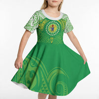 Cook Islands Manta Ray Kid Short Sleeve Dress Kuki Airani Tattoo Green Color LT14 - Polynesian Pride