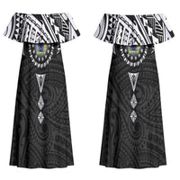 Cook Islands Manta Ray Couples Matching Off Shoulder Maxi Dress and Hawaiian Shirt Kuki Airani Tattoo Black Color LT14 - Polynesian Pride