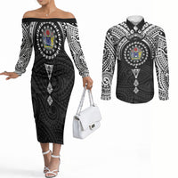 Cook Islands Manta Ray Couples Matching Off The Shoulder Long Sleeve Dress and Long Sleeve Button Shirt Kuki Airani Tattoo Black Color LT14 Black - Polynesian Pride