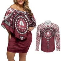 Personalised Cook Islands Mangaia Couples Matching Off Shoulder Short Dress and Long Sleeve Button Shirt Map With Kuki Airani Manta Ray Tattoo LT14 Maroon - Polynesian Pride