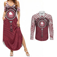 Personalised Cook Islands Mangaia Couples Matching Summer Maxi Dress and Long Sleeve Button Shirt Map With Kuki Airani Manta Ray Tattoo LT14 Maroon - Polynesian Pride