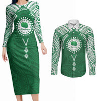 Personalised Cook Islands Rarotonga Couples Matching Long Sleeve Bodycon Dress and Long Sleeve Button Shirt Map With Kuki Airani Manta Ray Tattoo LT14 Green - Polynesian Pride