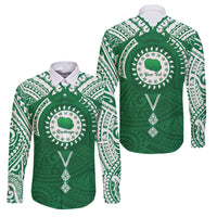 Personalised Cook Islands Rarotonga Family Matching Puletasi and Hawaiian Shirt Map With Kuki Airani Manta Ray Tattoo LT14 Dad's Shirt - Long Sleeve Green - Polynesian Pride