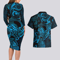 New Zealand Tuatara Couples Matching Long Sleeve Bodycon Dress and Hawaiian Shirt Aotearoa Maori Clematis Flowers - Blue LT14 - Polynesian Pride
