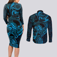 New Zealand Tuatara Couples Matching Long Sleeve Bodycon Dress and Long Sleeve Button Shirt Aotearoa Maori Clematis Flowers - Blue LT14 - Polynesian Pride