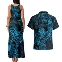 New Zealand Tuatara Couples Matching Tank Maxi Dress and Hawaiian Shirt Aotearoa Maori Clematis Flowers - Blue LT14 - Polynesian Pride