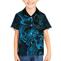 New Zealand Tuatara Family Matching Long Sleeve Bodycon Dress and Hawaiian Shirt Aotearoa Maori Clematis Flowers - Blue LT14 Son's Shirt Blue - Polynesian Pride