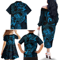 New Zealand Tuatara Family Matching Off The Shoulder Long Sleeve Dress and Hawaiian Shirt Aotearoa Maori Clematis Flowers - Blue LT14 - Polynesian Pride