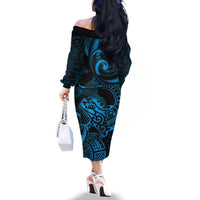 New Zealand Tuatara Family Matching Off The Shoulder Long Sleeve Dress and Hawaiian Shirt Aotearoa Maori Clematis Flowers - Blue LT14 - Polynesian Pride