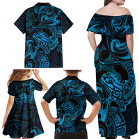 New Zealand Tuatara Family Matching Off Shoulder Maxi Dress and Hawaiian Shirt Aotearoa Maori Clematis Flowers - Blue LT14 - Polynesian Pride