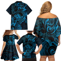 New Zealand Tuatara Family Matching Off Shoulder Short Dress and Hawaiian Shirt Aotearoa Maori Clematis Flowers - Blue LT14 - Polynesian Pride