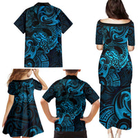 New Zealand Tuatara Family Matching Puletasi and Hawaiian Shirt Aotearoa Maori Clematis Flowers - Blue LT14 - Polynesian Pride