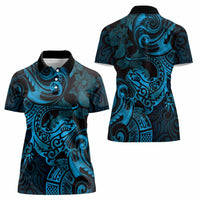 New Zealand Tuatara Women Polo Shirt Aotearoa Maori Clematis Flowers - Blue LT14 - Polynesian Pride
