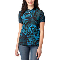 New Zealand Tuatara Women Polo Shirt Aotearoa Maori Clematis Flowers - Blue LT14 - Polynesian Pride