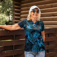 New Zealand Tuatara Women Polo Shirt Aotearoa Maori Clematis Flowers - Blue LT14 - Polynesian Pride