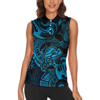 New Zealand Tuatara Women Sleeveless Polo Shirt Aotearoa Maori Clematis Flowers - Blue LT14 - Polynesian Pride