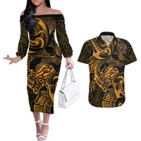 New Zealand Tuatara Couples Matching Off The Shoulder Long Sleeve Dress and Hawaiian Shirt Aotearoa Maori Clematis Flowers - Gold LT14 Gold - Polynesian Pride