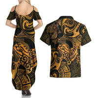 New Zealand Tuatara Couples Matching Summer Maxi Dress and Hawaiian Shirt Aotearoa Maori Clematis Flowers - Gold LT14 - Polynesian Pride