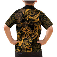 New Zealand Tuatara Family Matching Mermaid Dress and Hawaiian Shirt Aotearoa Maori Clematis Flowers - Gold LT14 - Polynesian Pride
