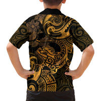 New Zealand Tuatara Family Matching Off The Shoulder Long Sleeve Dress and Hawaiian Shirt Aotearoa Maori Clematis Flowers - Gold LT14 - Polynesian Pride
