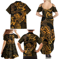 New Zealand Tuatara Family Matching Summer Maxi Dress and Hawaiian Shirt Aotearoa Maori Clematis Flowers - Gold LT14 - Polynesian Pride
