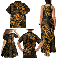 New Zealand Tuatara Family Matching Tank Maxi Dress and Hawaiian Shirt Aotearoa Maori Clematis Flowers - Gold LT14 - Polynesian Pride