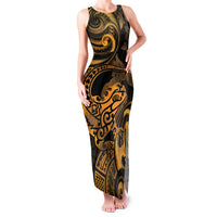 New Zealand Tuatara Family Matching Tank Maxi Dress and Hawaiian Shirt Aotearoa Maori Clematis Flowers - Gold LT14 Mom's Dress Gold - Polynesian Pride