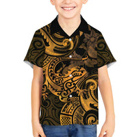 New Zealand Tuatara Family Matching Tank Maxi Dress and Hawaiian Shirt Aotearoa Maori Clematis Flowers - Gold LT14 Son's Shirt Gold - Polynesian Pride