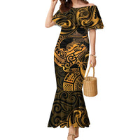 New Zealand Tuatara Mermaid Dress Aotearoa Maori Clematis Flowers - Gold LT14 Women Gold - Polynesian Pride