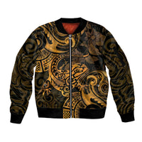 New Zealand Tuatara Sleeve Zip Bomber Jacket Aotearoa Maori Clematis Flowers - Gold LT14 Unisex Gold - Polynesian Pride