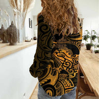 New Zealand Tuatara Women Casual Shirt Aotearoa Maori Clematis Flowers - Gold LT14 - Polynesian Pride