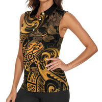 New Zealand Tuatara Women Sleeveless Polo Shirt Aotearoa Maori Clematis Flowers - Gold LT14 - Polynesian Pride