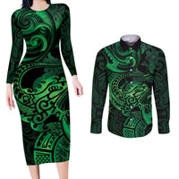 New Zealand Tuatara Couples Matching Long Sleeve Bodycon Dress and Long Sleeve Button Shirt Aotearoa Maori Clematis Flowers - Green LT14 Green - Polynesian Pride